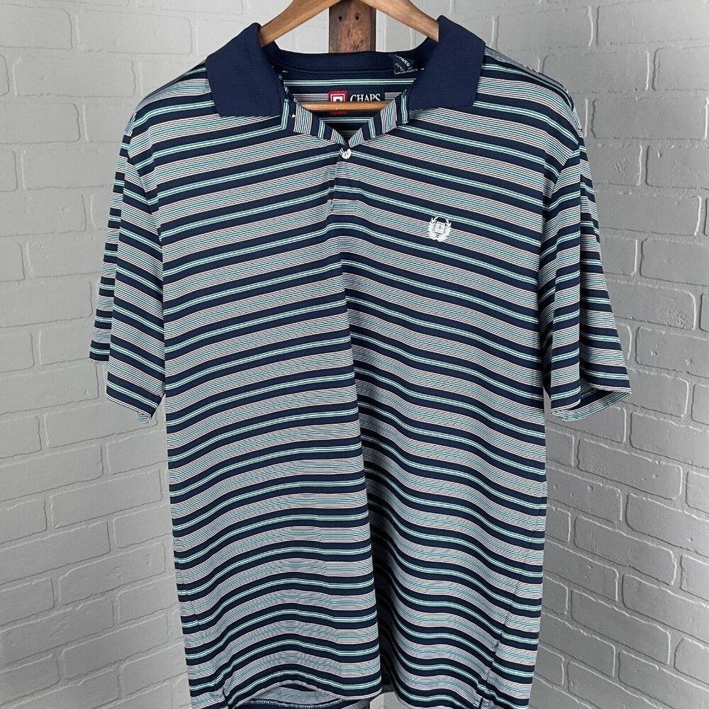 Chaps Shirt Mens XLarge Blue‎ Turquoise White Stripe Polo Knit Casual Sport Golf